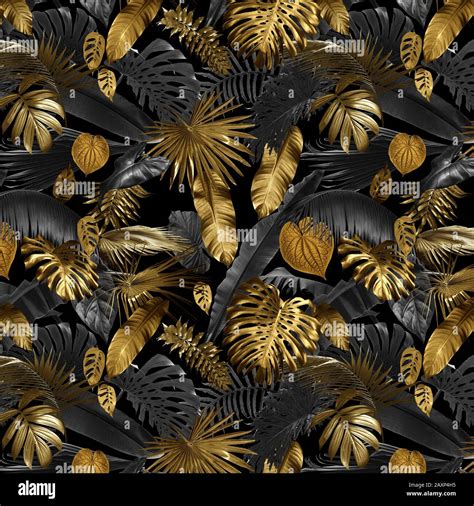 Seamless Pattern With Tropical Leaves In Gold Color And Black Can Be