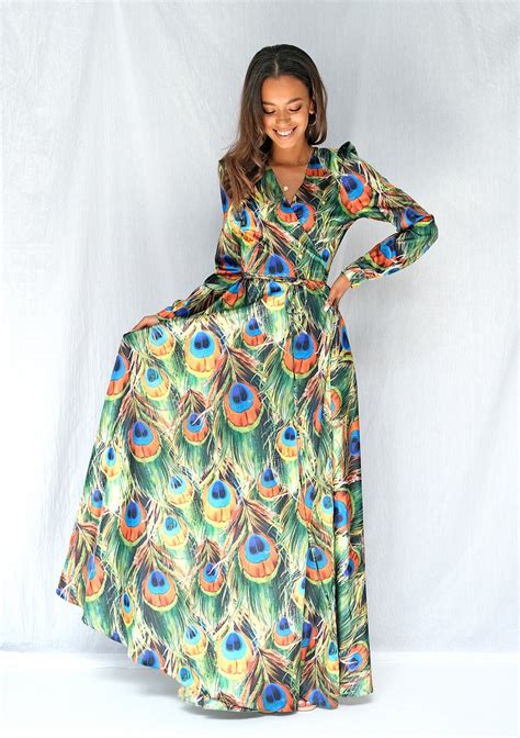 satin maxi wrap dress in peacock feathers print mosquito