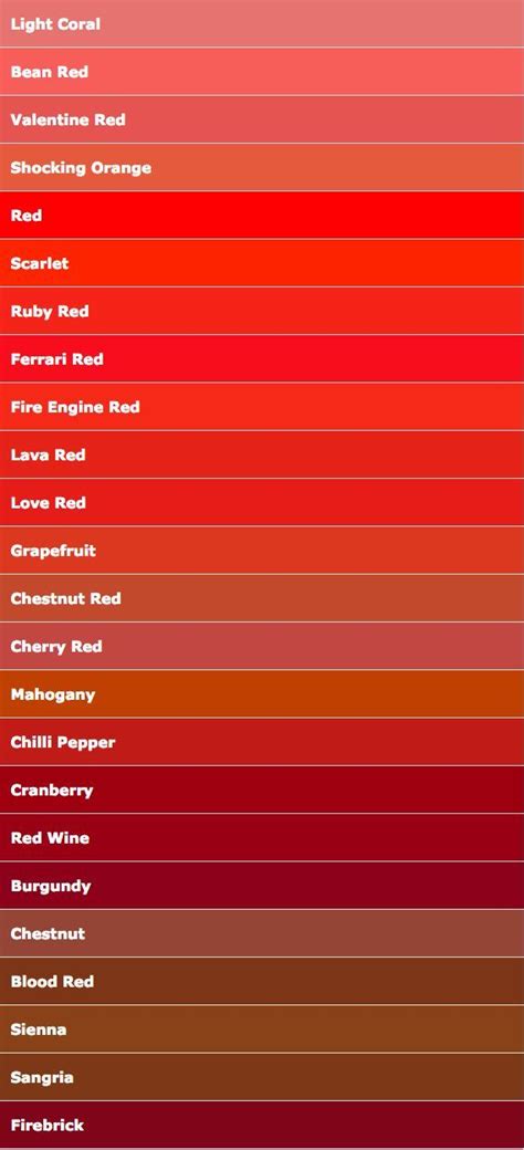 Color Names Red Color Names Chart Red Color Names Red Color Pallets