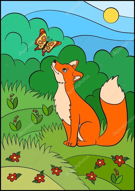 Coloring Pages Wild Animals Little Cute Fox Looks At The Butterfly