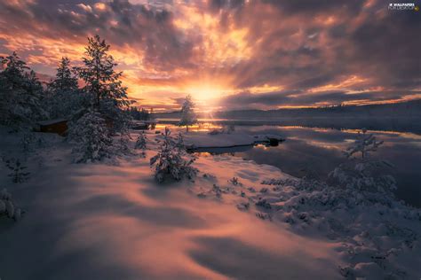 Lake Ringerike Viewes Winter Norway Trees Great Sunsets For