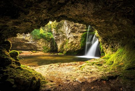Download Moss Lake Waterfall Nature Cave Hd Wallpaper