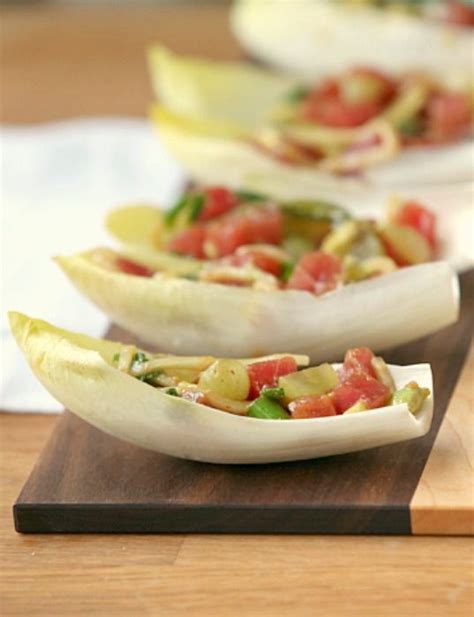 Collection of all recipes membermedia very complete and free. Easy, Low Calorie Appetizer - Asian Ahi Tuna and Avocado Stuffed Endive - Pin it to your ...