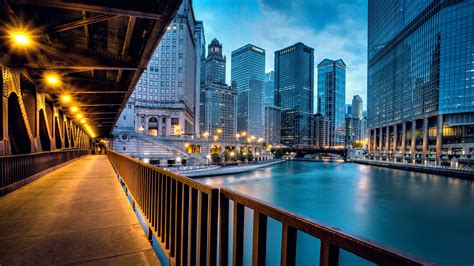 Chicago Usa Gebäude Der Stadt Wolkenkratzer Abend Brücke