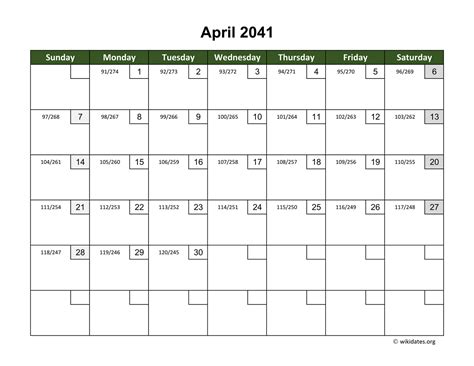 April 2041 Calendar With Day Numbers