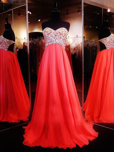 A Line Sweetheart Empire Waist Open Back Long Red Chiffon Beaded Prom Dress