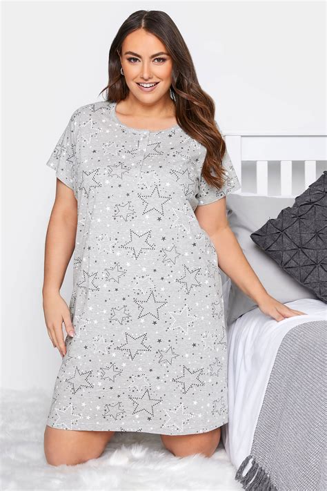 Plus Size Grey Star Print Placket Nightdress Yours Clothing