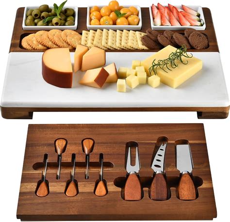 Amazon Com Shanik Wood Marble Cheese Board Set With Ceramic Bowls Stainless Steel Cutlery
