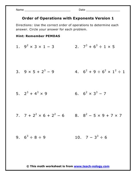 Math Order Of Operations Worksheet