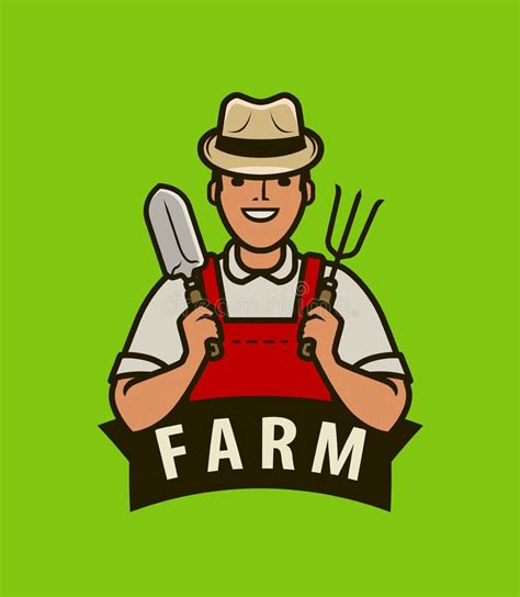 Farm Logo Or Label Happy Farmer With Garden Tools Vector Illustration