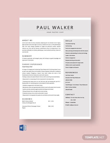 Free Pastry Chef Resume Template Word Doc