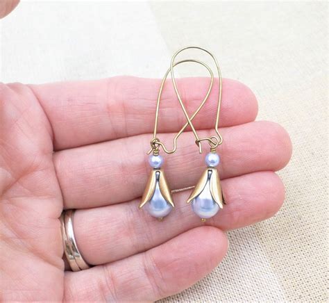 Light Blue Pearl Earrings Antique Brass Simple Pearl Dangles Etsy