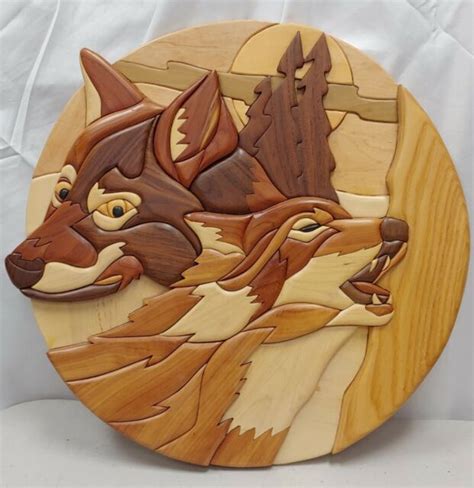 Beautiful Wood Intarsia Picture Titled The Wolves By Artist Aum