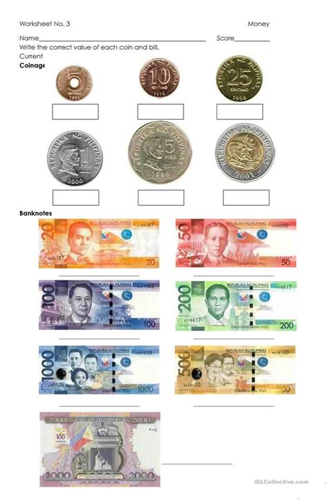 Printable money worksheets for grade 1 and money worksheets for grade 2 are usually counting. Money - Philippine Coins and Bills worksheet - Free ESL ...