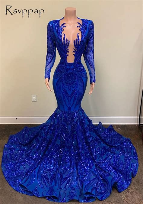 2020 Royal Blue Mermaid Prom Dresses See Through Sparkly Sequins Deep V