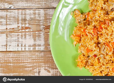 Pilaf Meat Carrots Green Plate Rice Pink Shabby Board Stock Photo