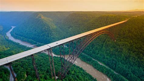 Download Aerial Forest River Bridge Man Made New River Gorge Bridge Hd