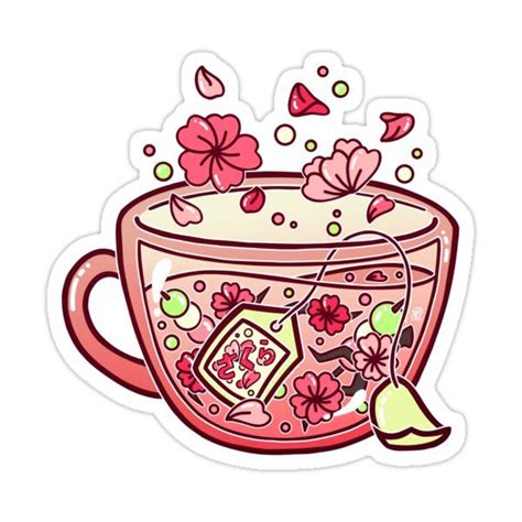 Glass Sakura Tea Sticker By Heysoleilart In 2021 Sticker Art Kawaii