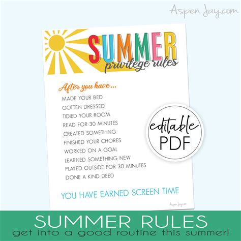 Editable Summer Rules Chart Aspenjay