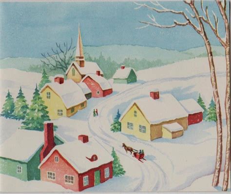 Vtg 1940s Snowy Christmas Village Church Scene Greeting Card Ebay