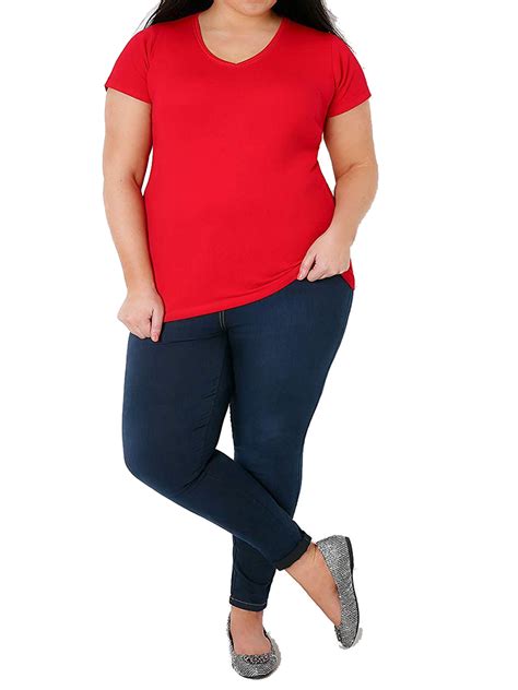 Y Urs Yours Red Pure Cotton Ribbed V Neck T Shirt Plus Size To