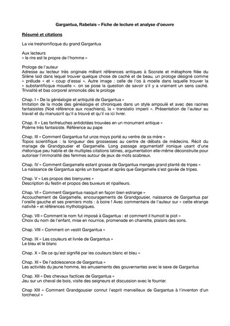 Fiche Gargantua de Rabelais et analyse PDF - Gargantua, Rabelais