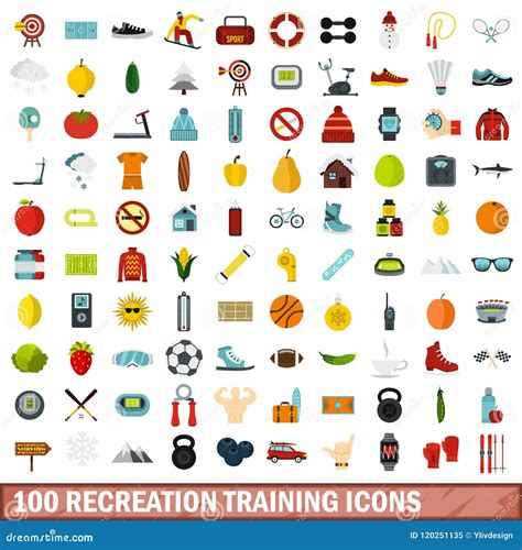 100 Recreation Training Icons Set Flat Style Stock Vector