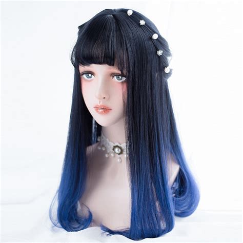 Harajuku 55cm Long Black Mixed Blue Wavy Anime Women Cosplay Full Wig