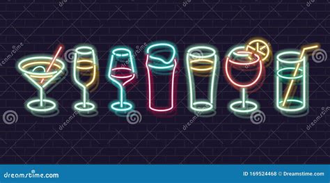 Neon Cocktails Bar Sign Karaoke Night Club Logo With Glasses Of Alcohol Shake Vector Drinking