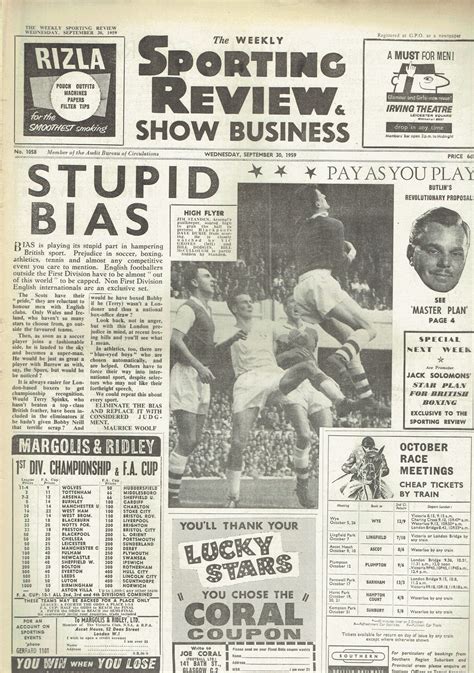 The Weekly Sporting Review Uk Paper September 30th 1959 Arsenal Jim