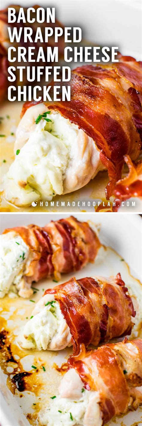 Place 1 cream cheese ball in the center of each butterflied chicken breast half. Bacon Wrapped Cream Cheese Stuffed Chicken - Homemade Hooplah