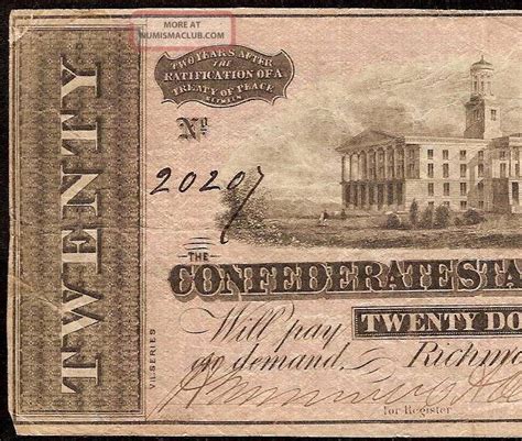 So there are confederate bills printed in 1868.the value is. 1864 $20 Dollar Bill Confederate States Currency Civil War Note Old Paper Money
