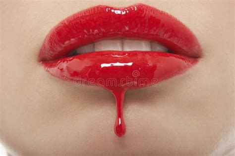 Red Lipgloss Dripping From Woman S Lips Stock Image Image Of Beauty