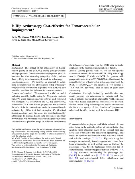 Pdf Is Hip Arthroscopy Cost Effective For Femoroacetabular Impingement