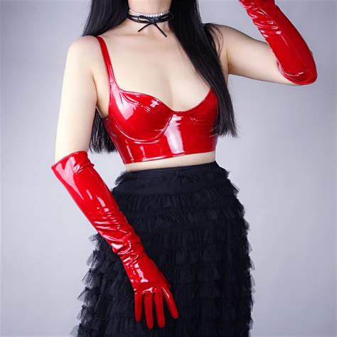 Fashion Ladies Long Patent Leather Gloves Simulation Leather Brightr Red Leather Elbow Gloves