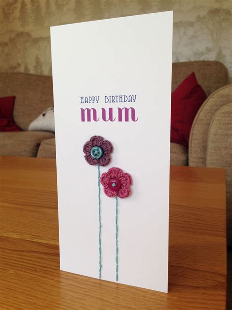 Birthday Card With Crocheted Flowers And Sewn Stems Handlettering Happy