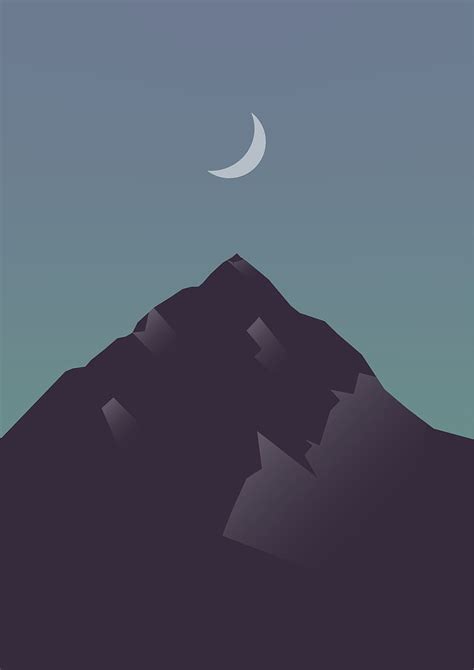 Simple Mountain Evening Landscape Minimalistic Moon Morning Night