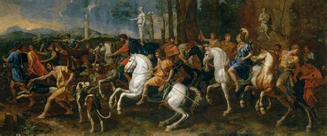 Hippomenes throws golden apples, which he got from aphrodite, behind him as he runs. The Hunt of Meleager and Atalanta Painting by Nicolas Poussin