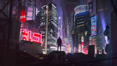Noche La Ciudad Futuro Neón Personas Edificio Arte Cyberpunk