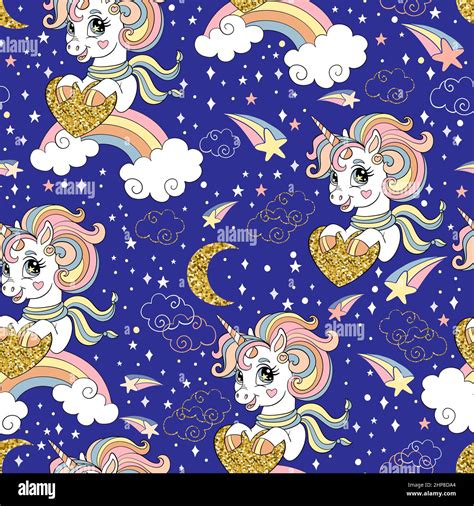 Cute Cartoon Unicorn With Golden Sparkle Heart And Cosmic Elements On