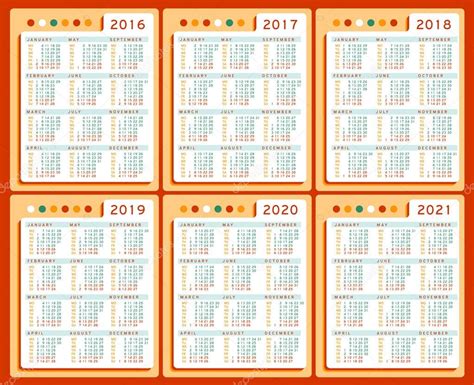 Kalender 2016 2017 2018 2019 2020 2021 Vector Set In Het Engels Week