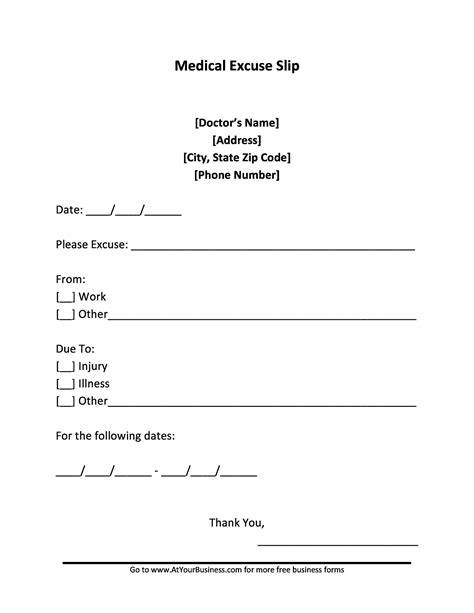 Work Excuse Note Template