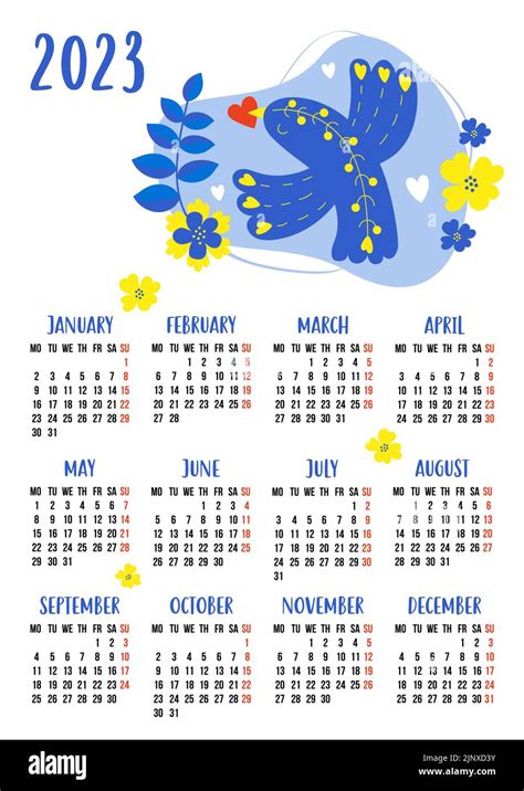 Calendar For 2023 With Cute Decorative Bird With Heart Vector