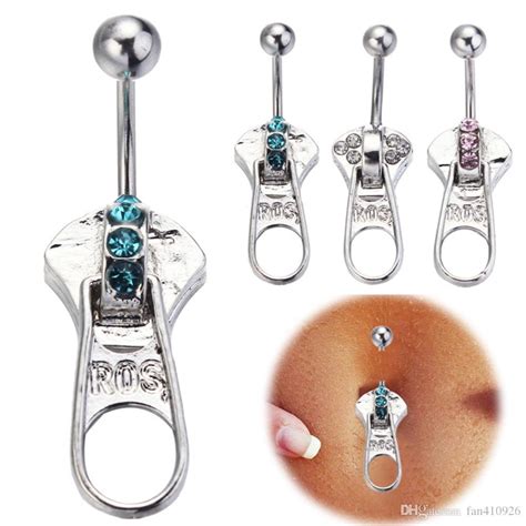 Body Piercing Navel Belly Button Ring Bar Rhinestone Zipper Style 316l Surgical Steel 14g Belly