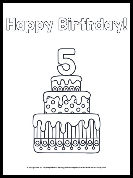 On the coloring page is also a birthday congratulation font. Cute Happy 5th Birthday Cake Coloring Page - The Art Kit