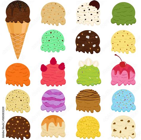 Cute Vector Illustration Set Of Ice Cream Scoop Many Colorful Flavors With Toppings In Wafer