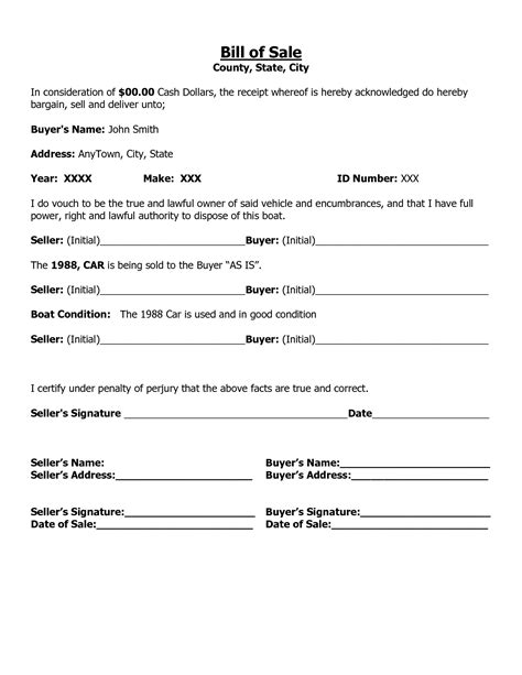Free Printable Vehicle Bill Of Sale Template Form GENERIC