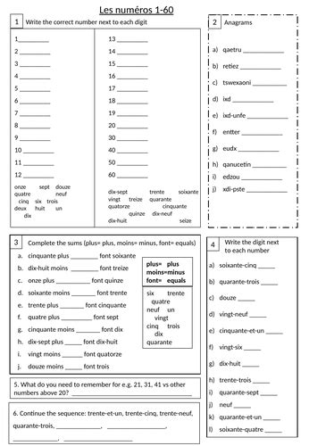 Numbersles Numéros 1 60 Worksheet Conti Style Teaching Resources