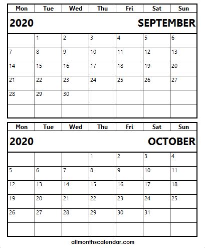 See below the october 2019 to september 2020 calendar. Printable September October 2020 Calendar - Two Month ...