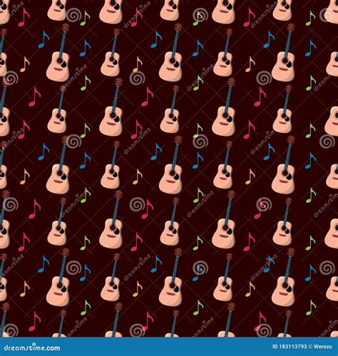 Acoustic Guitar With Music Note Seamless Pattern For Music Concept